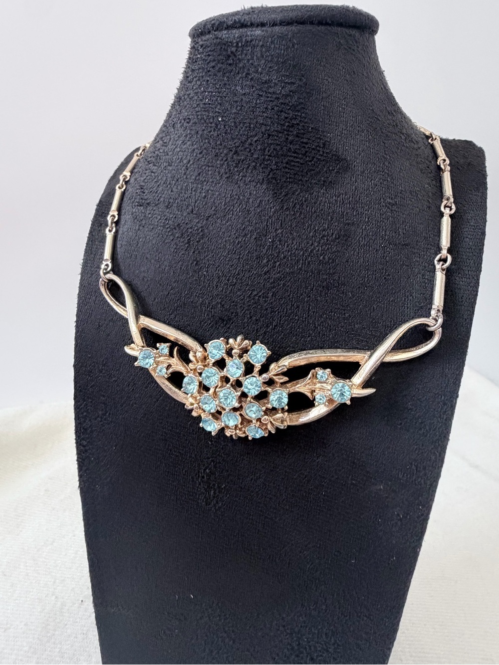 Vintage Coro Aqua Blue Rhinestone Bypass / Festoon Necklace - 1950s - 14"